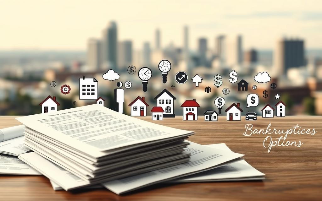 A Detailed Panoramic Illustration Showcasing The Various Types Of Bankruptcies And Their Impact On Mortgage Options. In The Foreground, A Stack Of Legal Documents And Financial Statements, Representing The Complexities Of Bankruptcy Proceedings. In The Middle Ground, A Range Of Mortgage-Related Icons, Including Houses, Keys, And Dollar Signs, Conveying The Diverse Lending Options Available. In The Background, A Blurred Cityscape, Suggesting The Broader Economic Landscape. The Lighting Is Soft And Muted, Creating A Contemplative Atmosphere. The Composition Is Balanced, With A Focus On Clarity And Visual Hierarchy To Aid Comprehension.