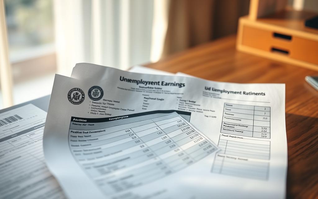 A Detailed Unemployment Earnings Document Resting On A Wooden Desk, Illuminated By Soft, Natural Lighting Filtering Through A Window. The Document Features Official Government Seals, Stamps, And Numeric Data Arranged In A Structured Layout, Conveying The Formal And Authoritative Nature Of This Financial Record. The Background Is Slightly Blurred, Keeping The Focus On The Key Paperwork Element That Serves As The Central Subject, Reflecting The &Quot;Earnings And Employment History&Quot; Section Of The Article.