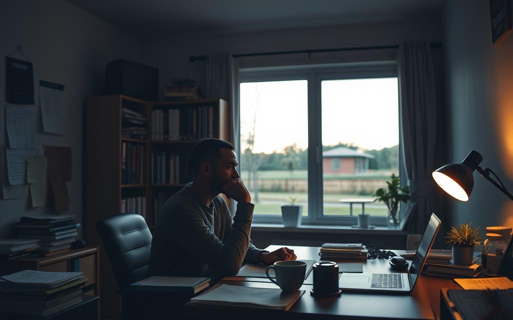 A Dimly Lit Home Office, The Walls Adorned With Financial Documents And A Calculator. In The Foreground, A Person Sits At A Desk, Deep In Thought, Surrounded By Stacks Of Paperwork, A Laptop, And A Cup Of Coffee. The Middle Ground Features A Meticulously Organized Bookshelf, Hinting At The Careful Preparation Required For A Home Loan After Bankruptcy. The Background Showcases A Window Overlooking A Serene Suburban Landscape, Symbolizing The Potential For A Fresh Start. Soft, Warm Lighting Casts A Pensive Mood, As The Figure Contemplates The Steps Towards Financial Recovery And Homeownership.