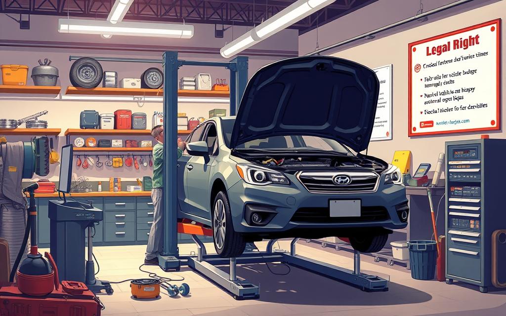 A Well-Lit, Detailed Illustration Showcasing A Mechanic'S Workshop With A Car On A Lift In The Foreground. The Car'S Hood Is Open, And The Mechanic Is Examining The Engine. In The Middle Ground, There Are Various Repair Tools And Diagnostic Equipment. The Background Features Shelves Stocked With Spare Parts And A Wall-Mounted Poster Highlighting Relevant Legal Rights For Vehicle Owners. The Overall Atmosphere Conveys A Sense Of Professionalism And Expertise, With A Focus On The Legal Aspects Of The Car Repair Process.