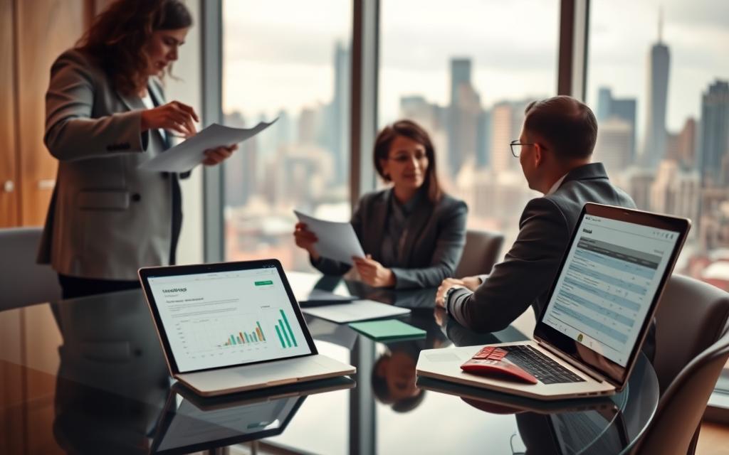 A Well-Lit, High-Resolution Image Depicting Various Mortgage Options After Personal Bankruptcy. In The Foreground, A Financial Advisor Stands, Presenting Documents And Charts To A Couple Sitting Across A Sleek Glass Table. In The Middle Ground, A Laptop Displays Mortgage Calculators And Loan Applications. The Background Features A Cityscape With Skyscrapers, Suggesting The Financial Landscape. Warm, Neutral Tones Create A Professional, Yet Approachable Atmosphere. Careful Attention Is Paid To Lighting, Depth Of Field, And Camera Angle To Convey A Sense Of Authority And Guidance On The Topic Of Post-Bankruptcy Mortgage Opportunities.