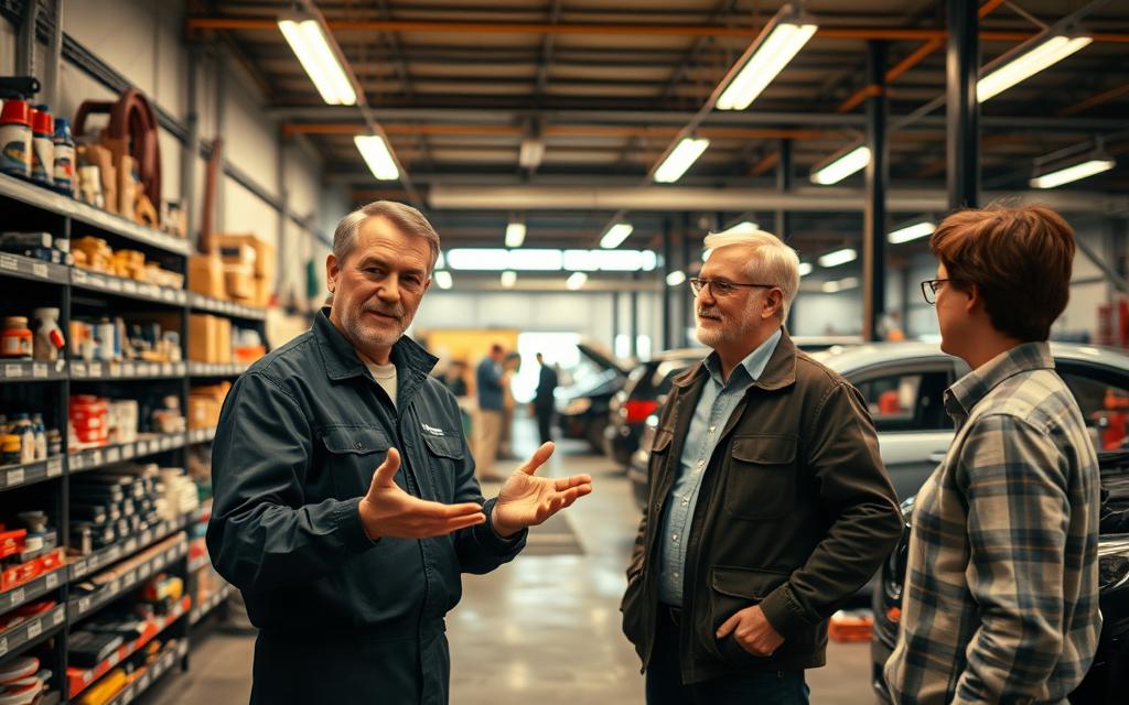 A Well-Lit, Spacious Auto Repair Shop Interior. In The Foreground, A Mechanic Gestures With Hands, Discussing Repair Details With A Customer. The Customer Nods Attentively, Listening Intently. Shelves Of Parts And Tools Line The Middle Ground, Conveying The Shop'S Expertise. In The Background, Other Mechanics Work On Vehicles, Demonstrating The Shop'S Efficiency. The Lighting Is Warm And Inviting, Setting A Professional Yet Approachable Atmosphere. The Camera Angle Is Slightly Elevated, Providing An Overview Of The Communicative Dynamic Between The Mechanic And Customer.