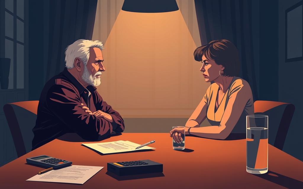 Illustration Of A Couple Sitting At A Table, Engaged In A Serious Discussion. The Man And Woman Sit Across From Each Other, Their Faces Etched With Concern. The Background Is A Dimly Lit Room, With Soft, Warm Lighting Casting Shadows That Convey The Weight Of Their Conversation. The Foreground Is In Sharp Focus, Emphasizing The Intensity Of Their Expressions And Body Language. The Middle Ground Includes Subtle Details Like Legal Documents, A Calculator, And A Glass Of Water, Hinting At The Financial And Legal Implications Of Their Situation. The Overall Atmosphere Is Somber, Reflective, And Thought-Provoking, Capturing The Impact Of Marriage Duration On Alimony Considerations. Illustration Of A Couple Sitting At A Table, Engaged In A Serious Discussion. The Man And Woman Sit Across From Each Other, Their Faces Etched With Concern. The Background Is A Dimly Lit Room, With Soft, Warm Lighting Casting Shadows That Convey The Weight Of Their Conversation. The Foreground Is In Sharp Focus, Emphasizing The Intensity Of Their Expressions And Body Language. The Middle Ground Includes Subtle Details Like Legal Documents, A Calculator, And A Glass Of Water, Hinting At The Financial And Legal Implications Of Their Situation. The Overall Atmosphere Is Somber, Reflective, And Thought-Provoking, Capturing The Impact Of Marriage Duration On Alimony Considerations.