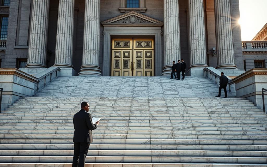 A Grand Marble Courthouse, Its Steps Leading Up To Ornate Double Doors. Sunlight Filters Through Tall Windows, Casting A Warm Glow On The Worn Stone. In The Foreground, A Person In A Suit Stands At The Base Of The Steps, Studying Legal Documents. Behind Them, Others Ascend And Descend, Each Step A Stride Towards Emancipation. The Atmosphere Is One Of Solemnity And Determination, A Pivotal Moment In A Life-Changing Process Captured In Stunning Detail.